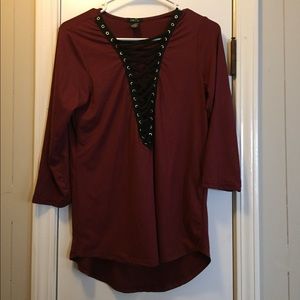 Burgundy long sleeves with black lace detail